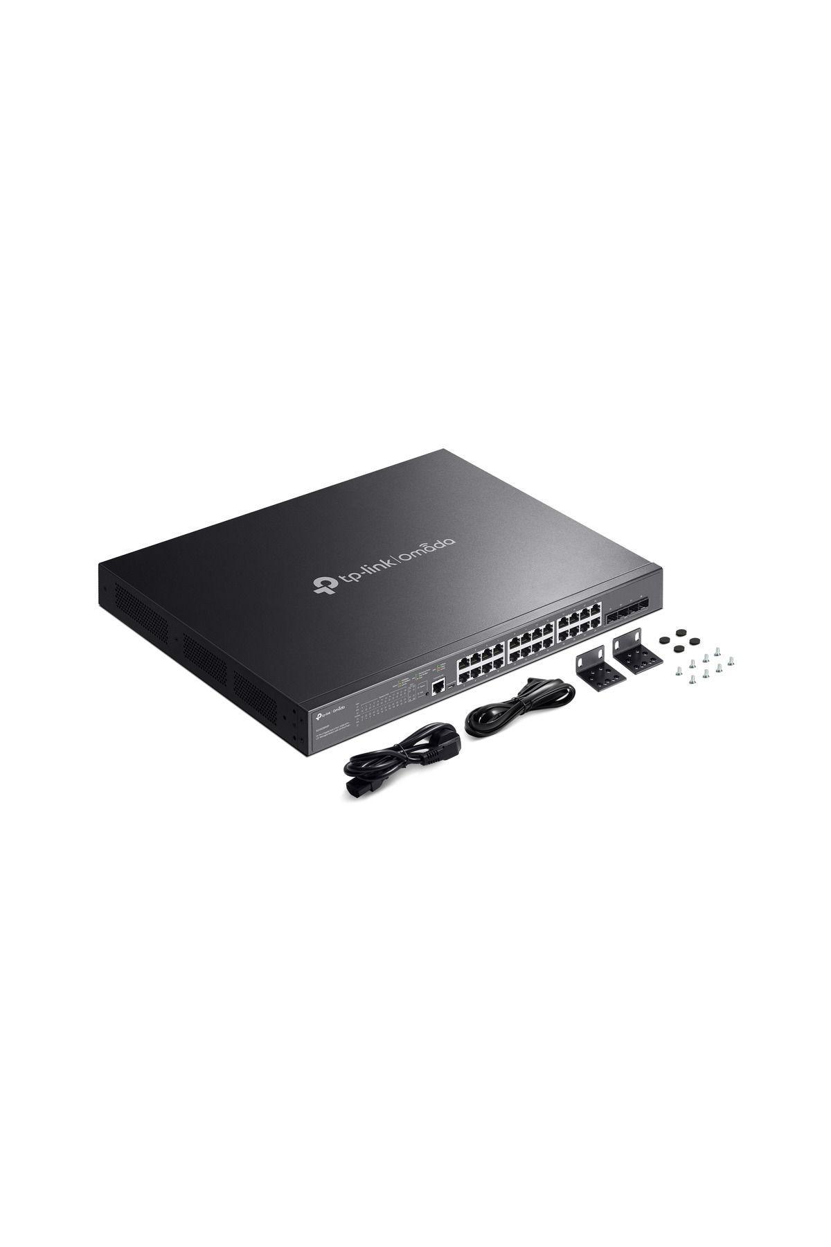 Beyaz arka planda güç kabloları, rack kulakları ve vidaları olan siyah TP-Link ağ anahtarı.
