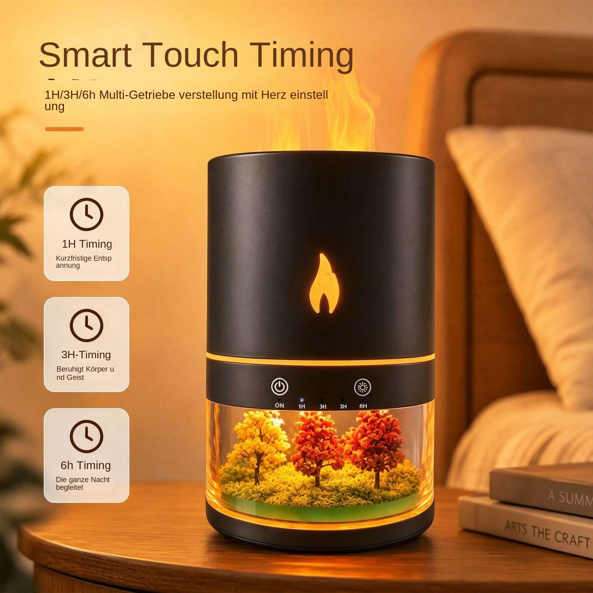 Ein aromatischer Diffusor mit Flammeneffekt und Miniaturlandschaft im Schlafzimmer.
