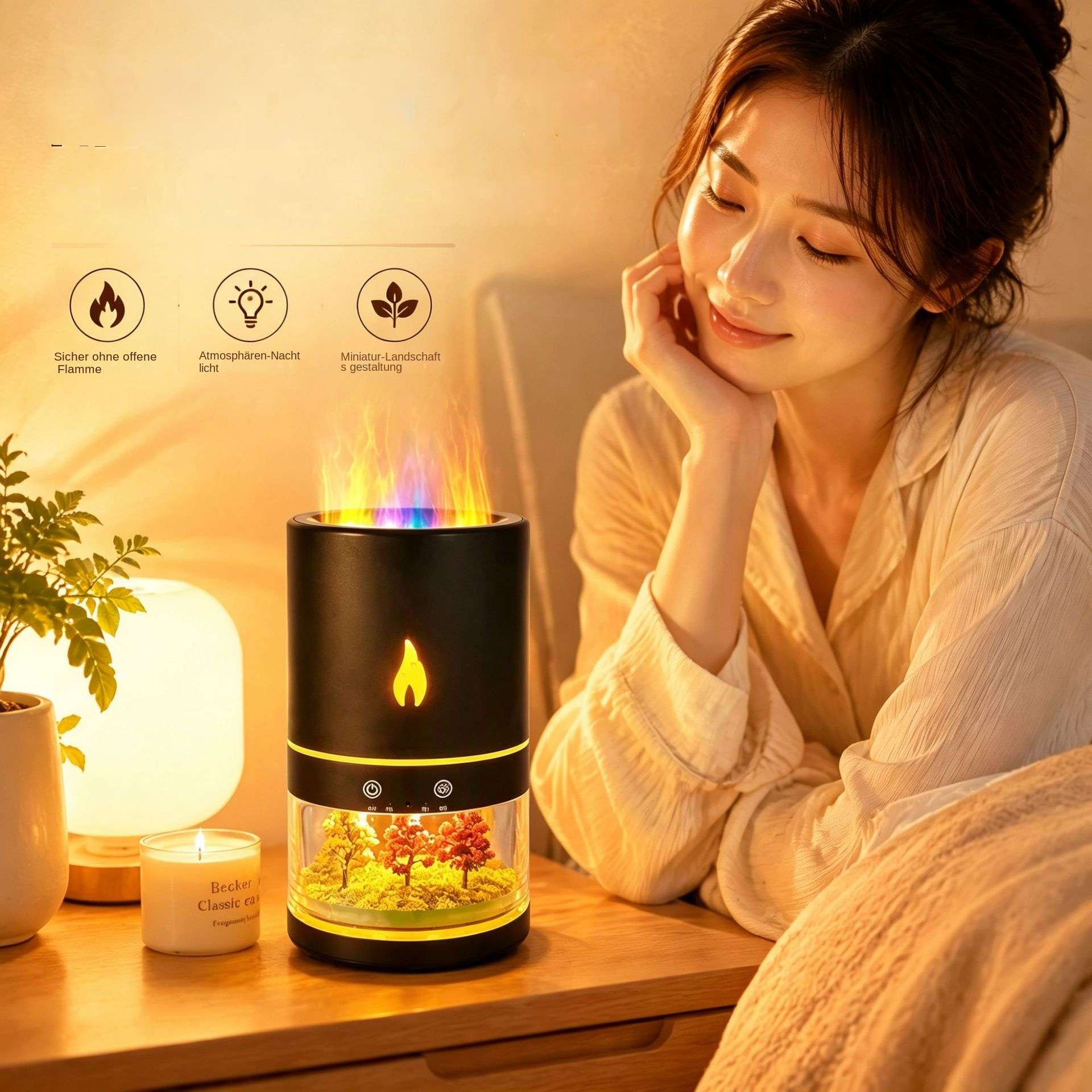 Eine Frau sitzt neben einer Lampe, die ein künstliches Feuer und eine Minilandschaft zeigt.