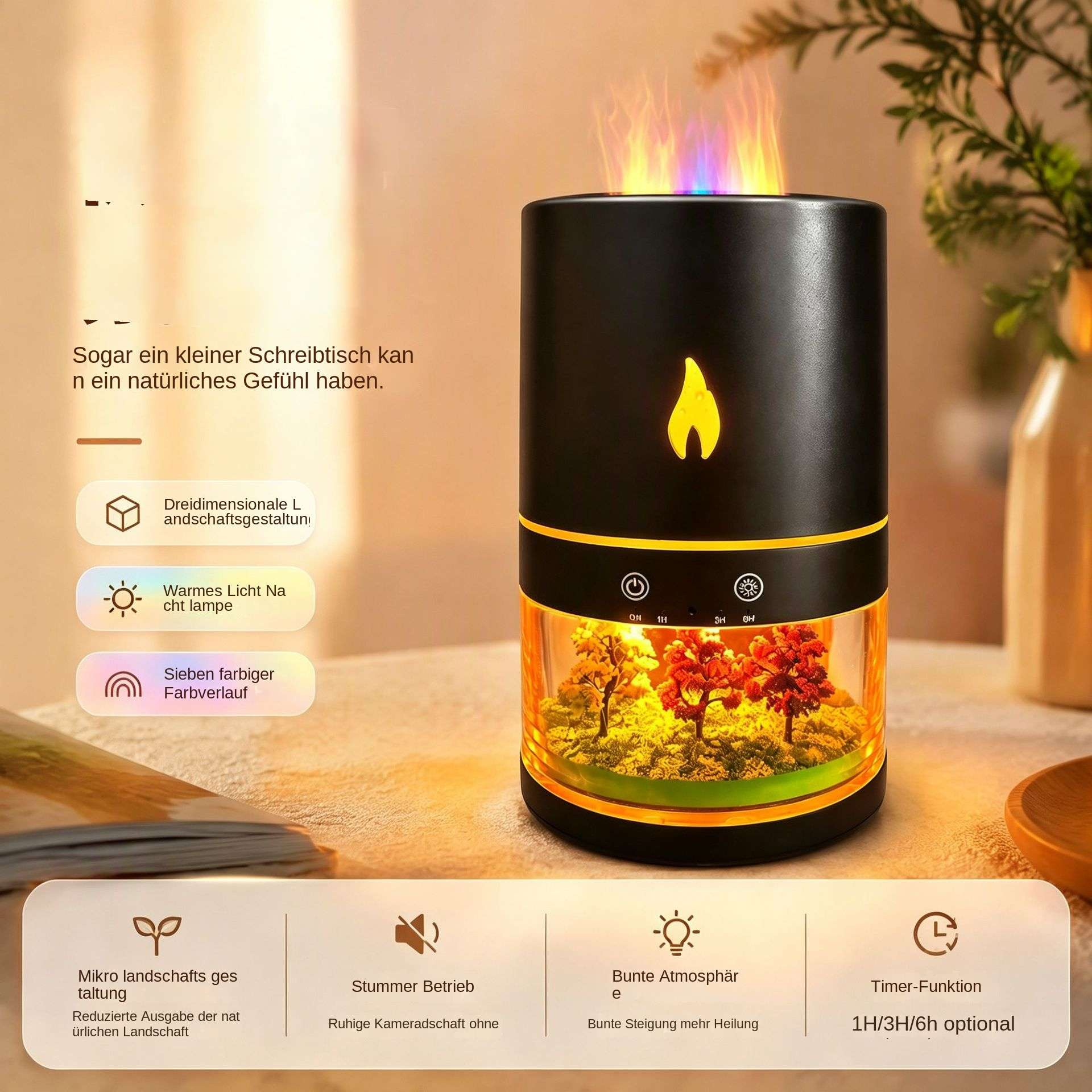 Ein schwarzer Aromadiffusor mit Landschaft und simulierter Flamme auf einem Holztisch.
