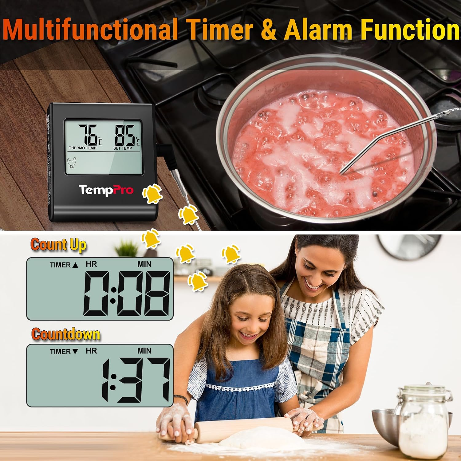 Digitale Timer- und Thermometeranzeige oben, Mutter und Kind backen unten.