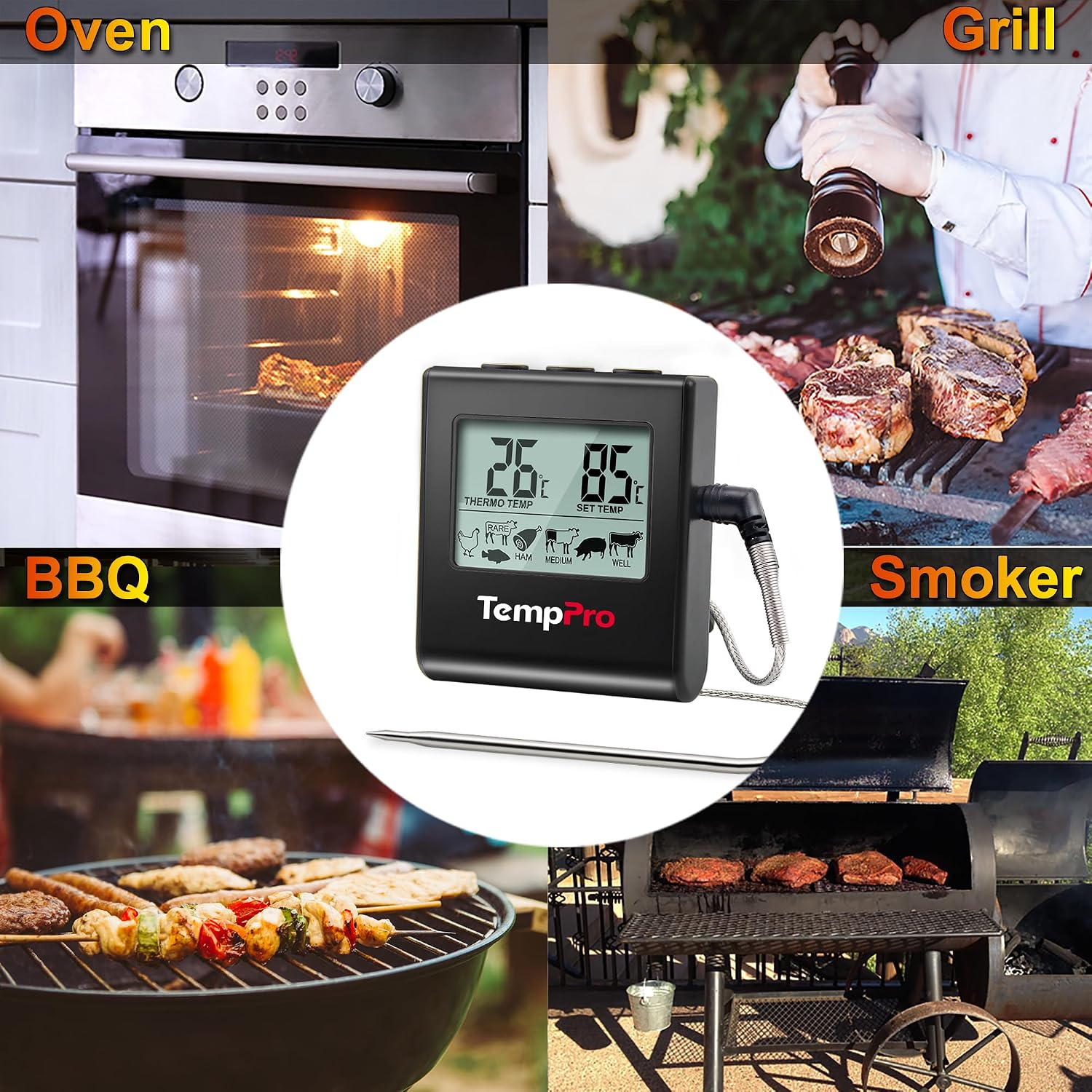 Ein digitales Bratenthermometer von TempPro in der Mitte, umgeben von vier Szenen: Backofen, Grill, BBQ und Räucherofen.