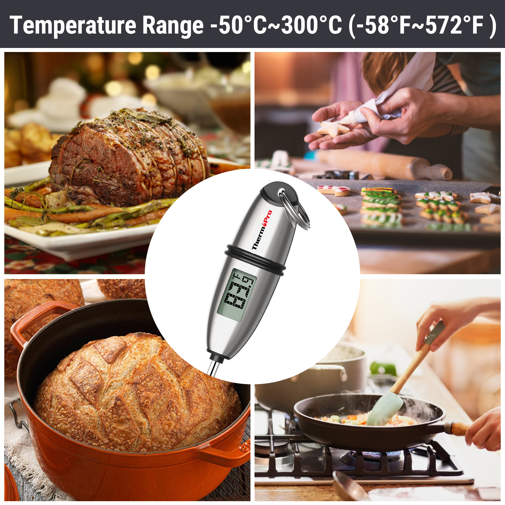 Kavrulmuş et, kurabiye, ekmek ve sebze pişirme görselleriyle bir ThermoPro et termometresi.