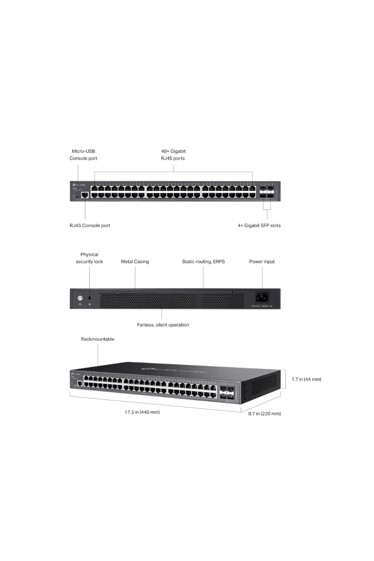 48 gigabit bağlantı noktası, konsol bağlantı noktaları ve boyutları olan siyah bir ağ anahtarını gösteren şema.