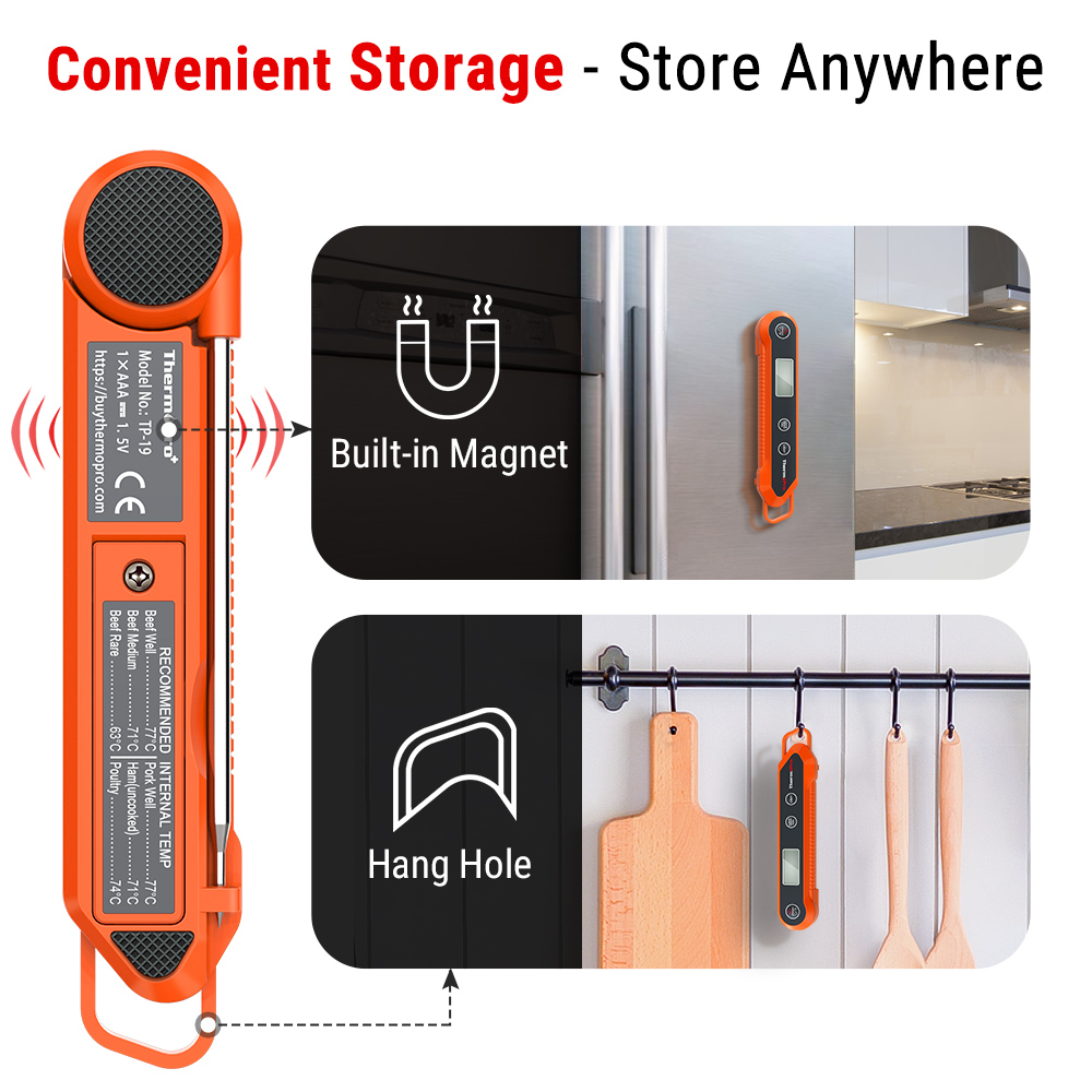 Orangefarbenes Thermometer mit integriertem Magnet und Aufhängeloch zur einfachen Lagerung in der Küche.
