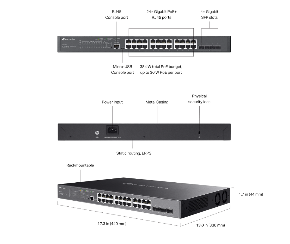 Ön, arka ve açılı görünümleri, boyutları ve etiketli bağlantı noktaları olan bir TP-Link ağ anahtarı şeması.