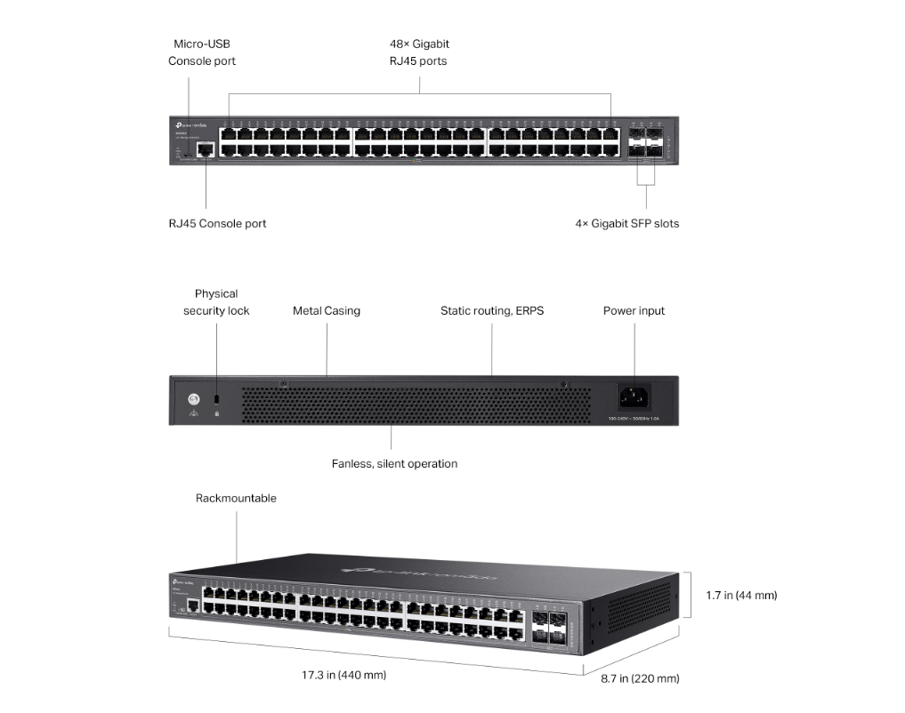 48 RJ45 bağlantı noktası, 4 SFP yuvası ve boyutları gösteren ağ anahtarı.