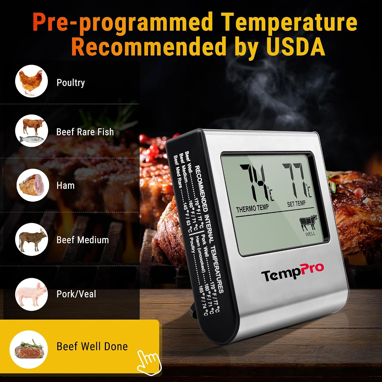Ein silberner TempPro Fleischthermometer zeigt Temperaturen vor einem rauchigen Grillhintergrund.