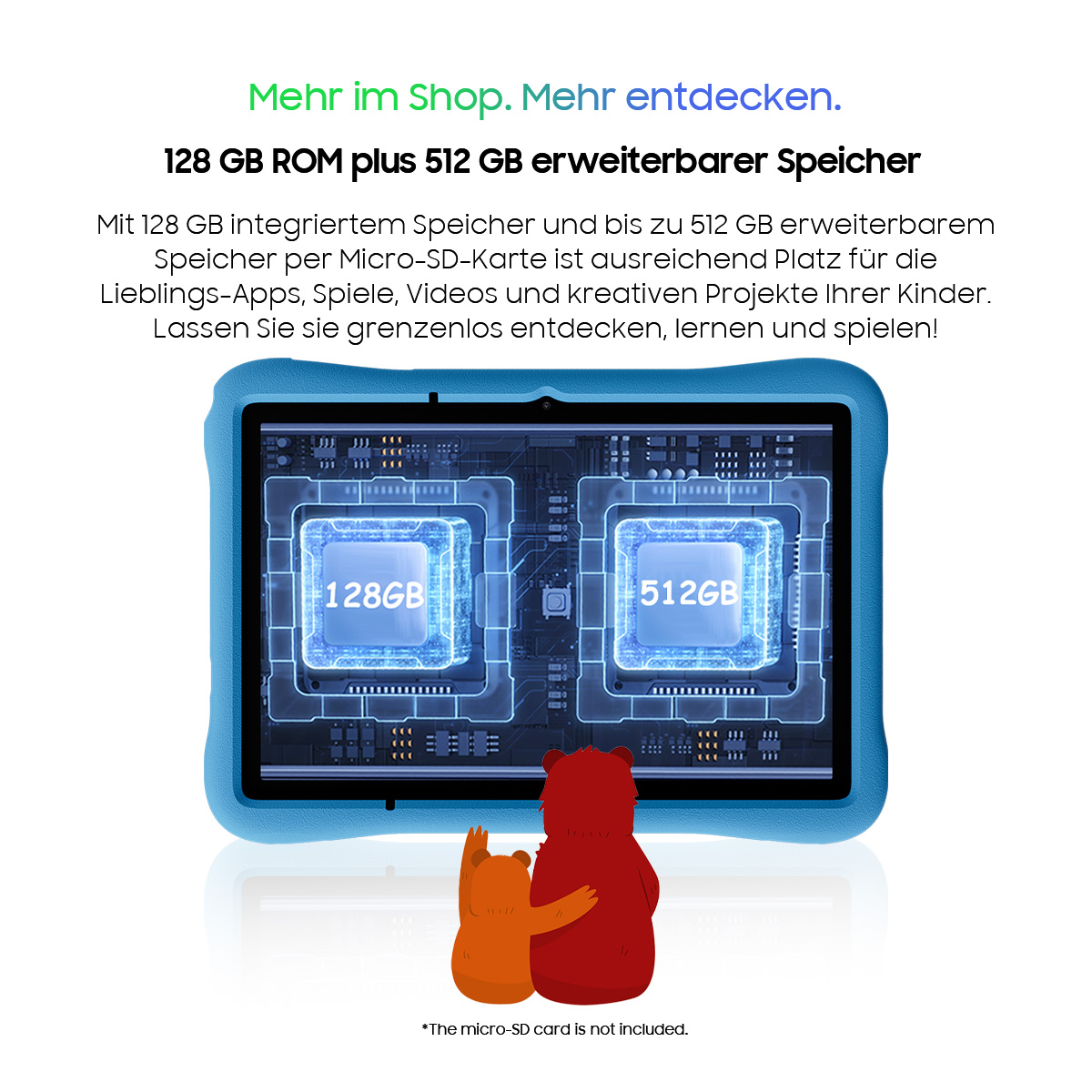 Tablet mit 128 GB internem und 512 GB erweiterbarem Speicher und zwei Bären davor.