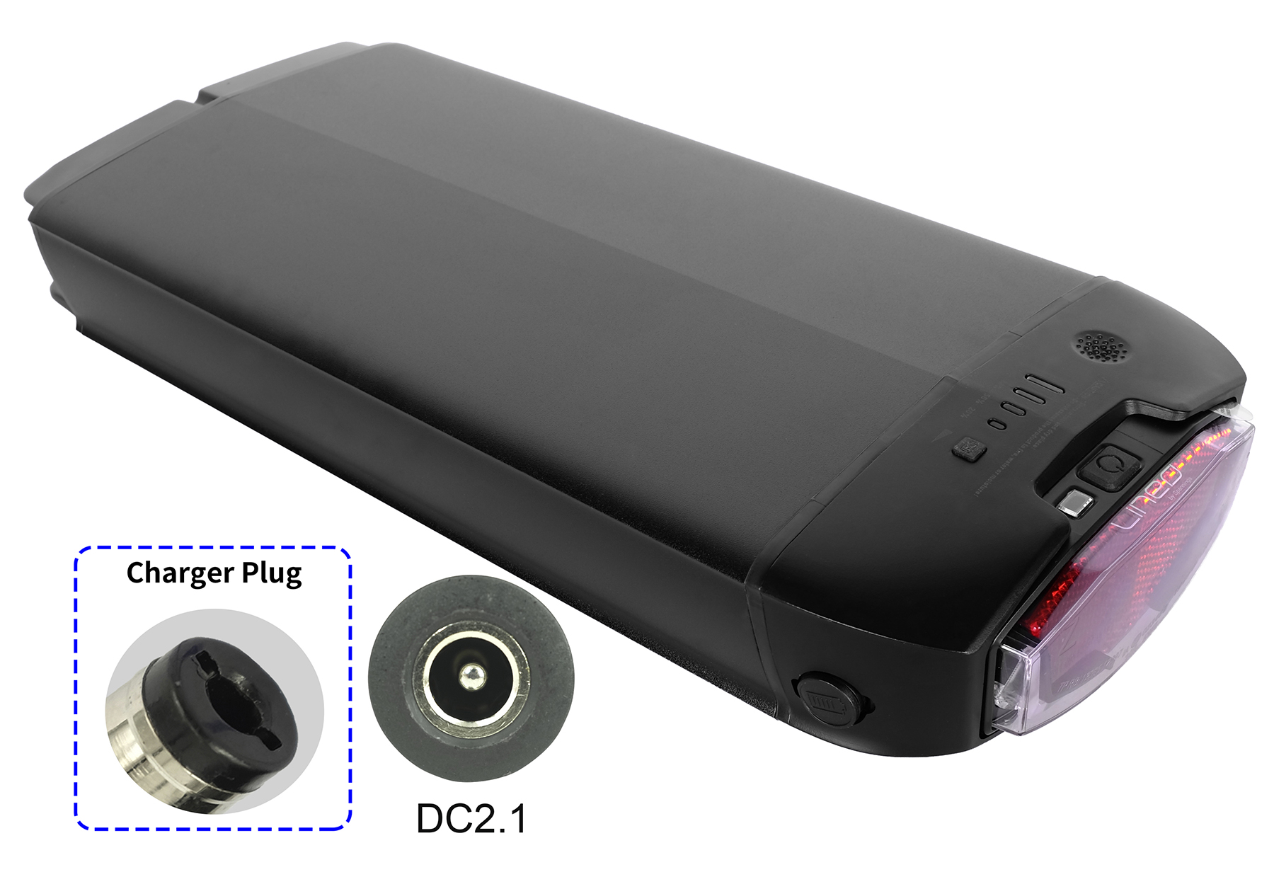 Ein schwarzer E-Bike-Akku mit rotem Rücklicht und eingefügten Details des DC2.1-Ladesteckers.