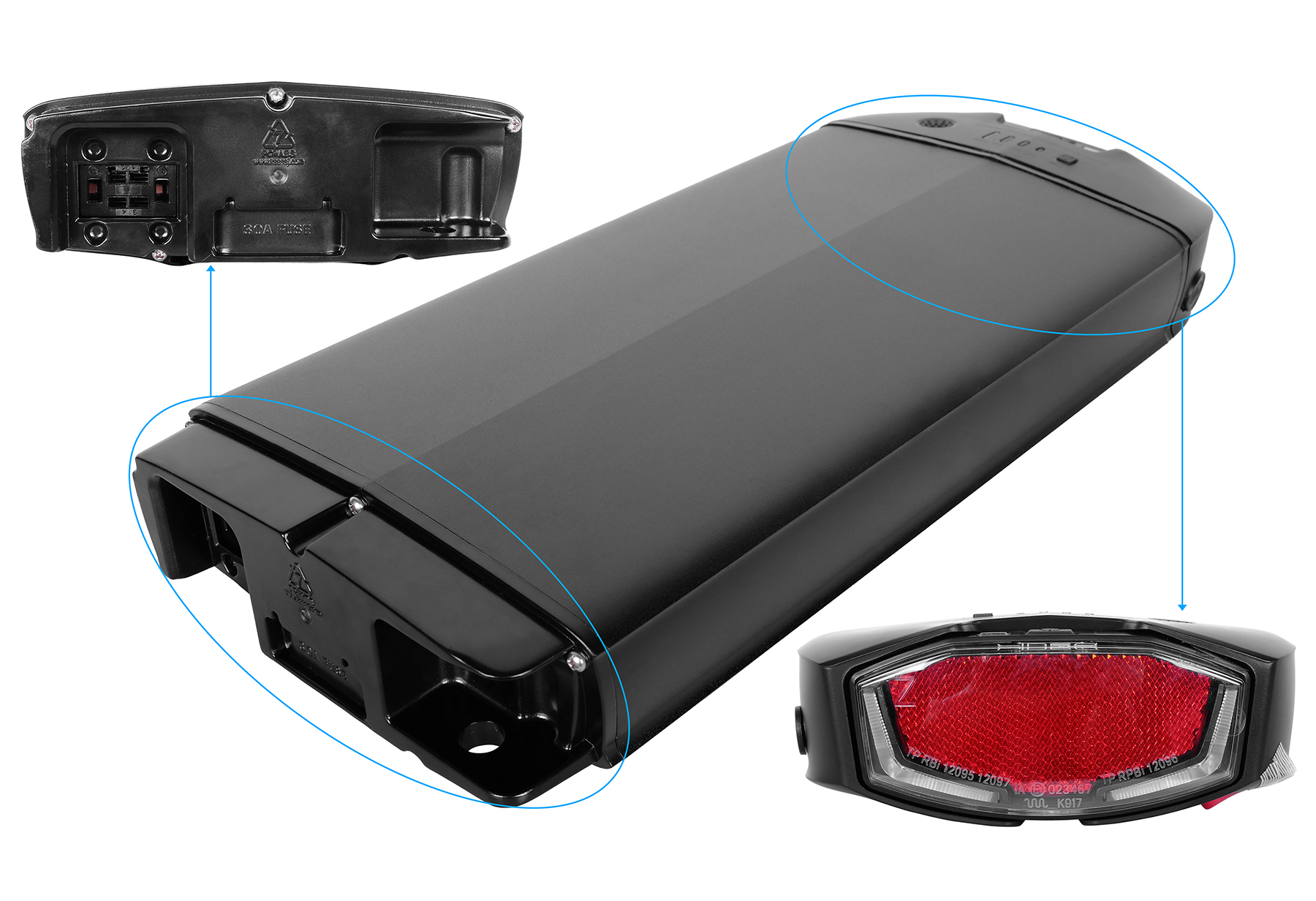 Ein schwarzer E-Bike-Akku mit Detailansichten des Anschlusssockels und integriertem roten Rücklicht.