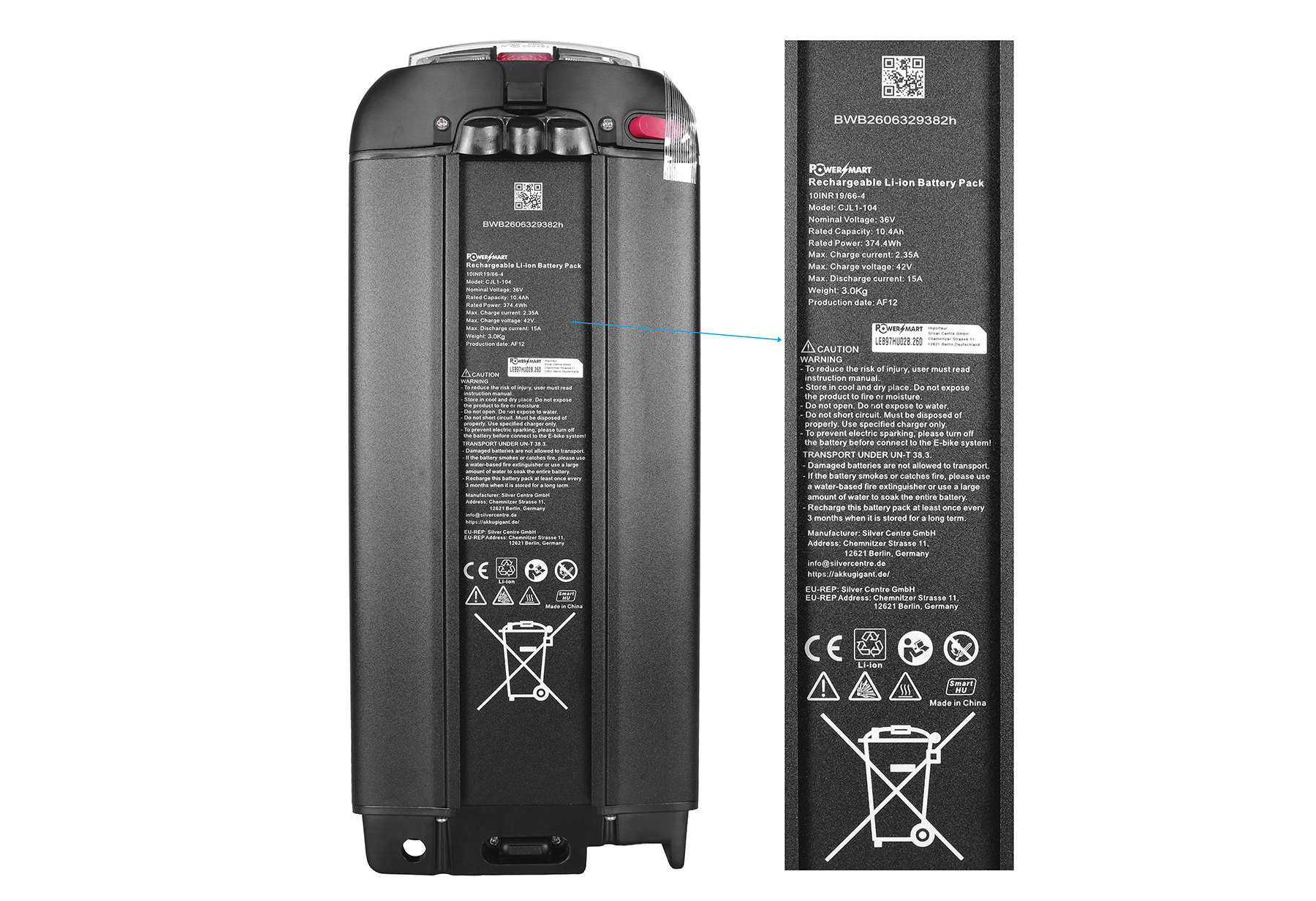 Ein Schwarzer Lithium-Ionen-Akku mit technischen Daten und Sicherheitshinweisen auf dem Etikett.