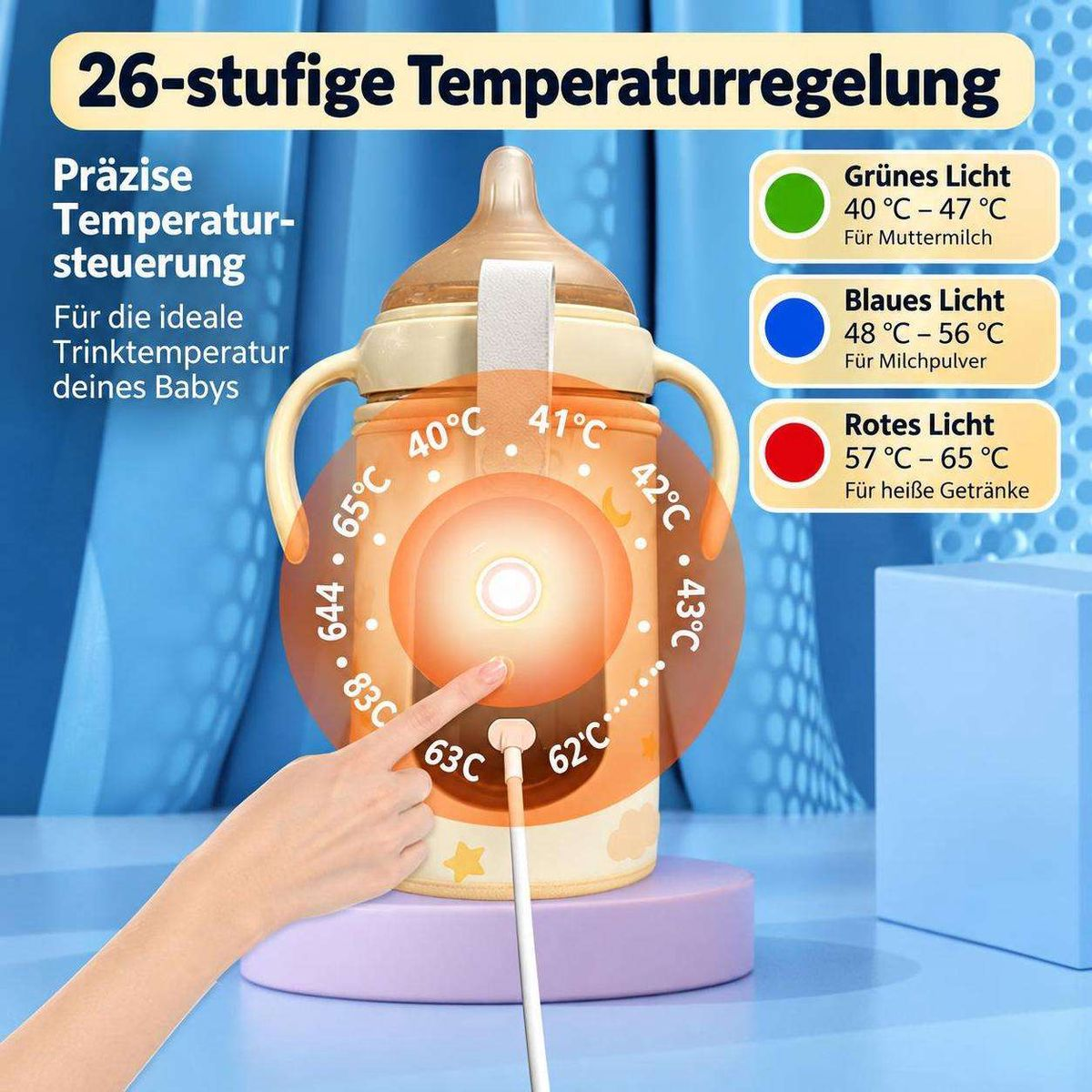 Produktwerbung für eine Babyflasche mit präziser Temperaturregelung, Farbindikatoren und Temperaturanzeige.