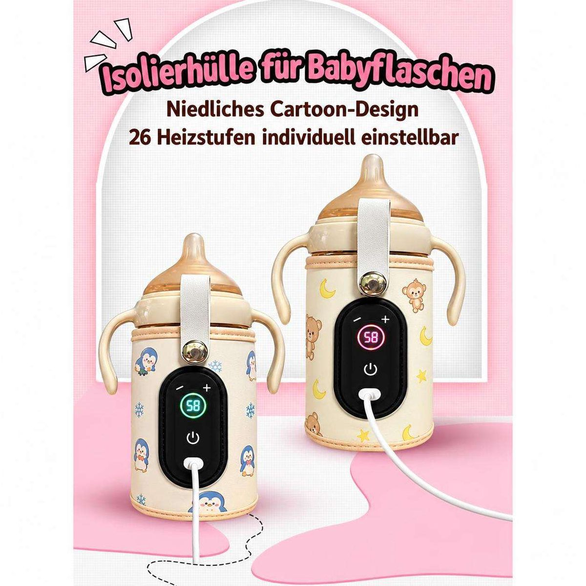 Zwei isolierte Babyflaschen mit digitaler Heizungsanzeige und niedlichem Cartoon-Design auf rosa Hintergrund.