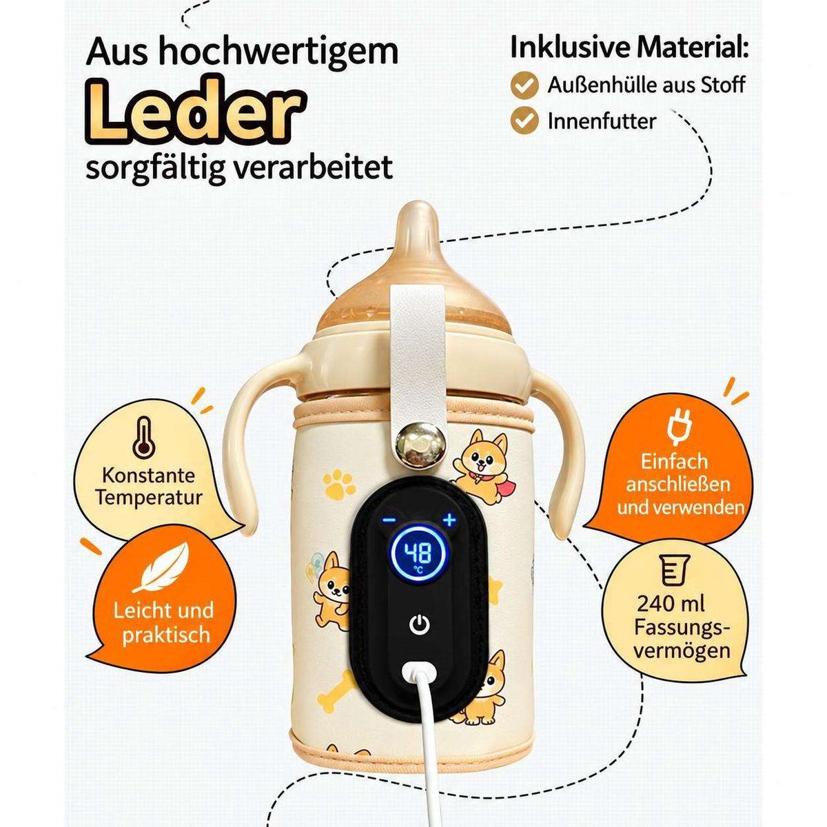 Babyflasche mit digitaler Temperaturanzeige, Griffen und Tierzeichnungen auf beigem Stoffbezug.