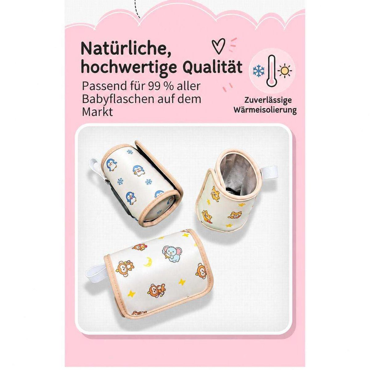 Drei kleine isolierte Flaschenhalter mit Tiermotiven und deutscher Produktwerbung oben.