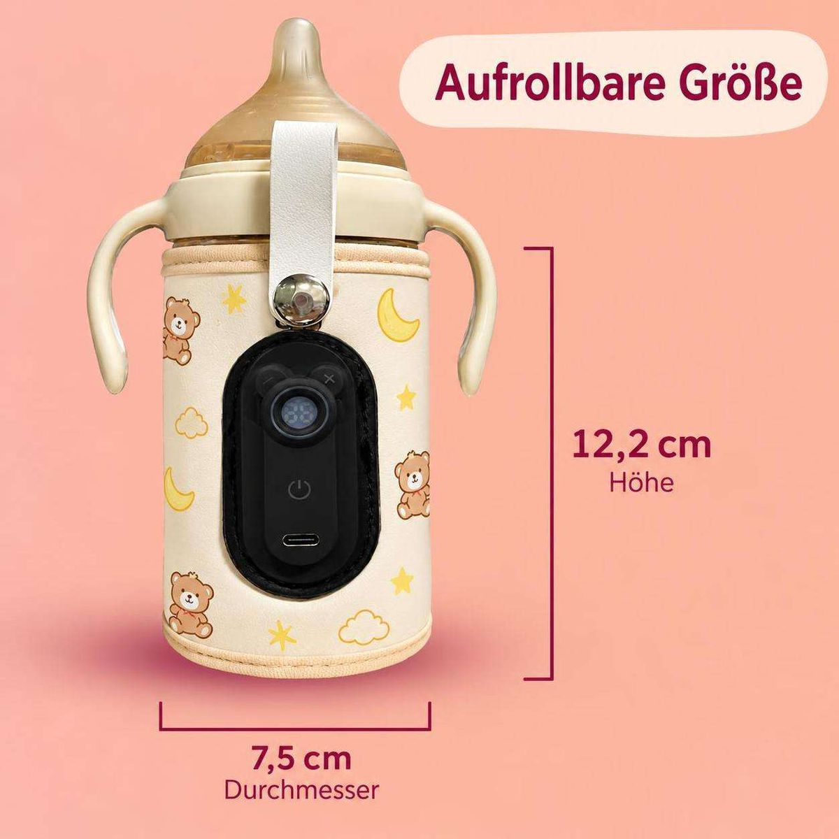Beige Babyflasche mit Bärenmuster, LED-Anzeige und Maßen von 12,2 cm Höhe sowie 7,5 cm Durchmesser.