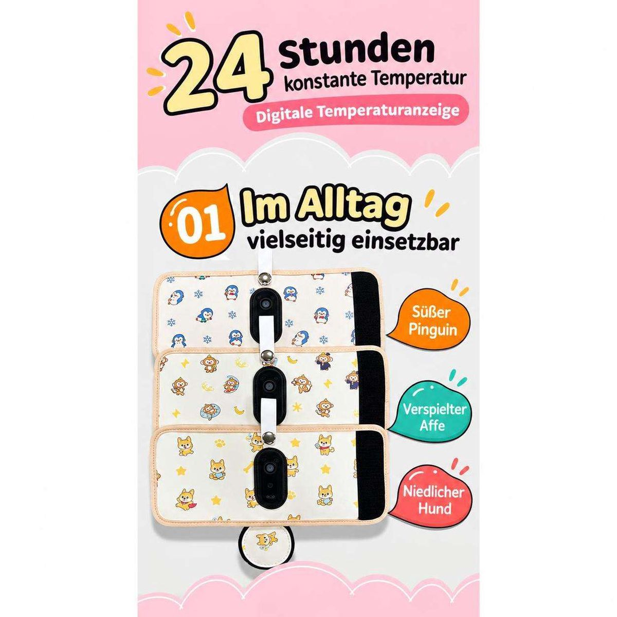 Werbeposter für einen Babyflaschenwärmer mit Pinguin-, Affen- und Hundemotiven sowie Text in deutscher Sprache.