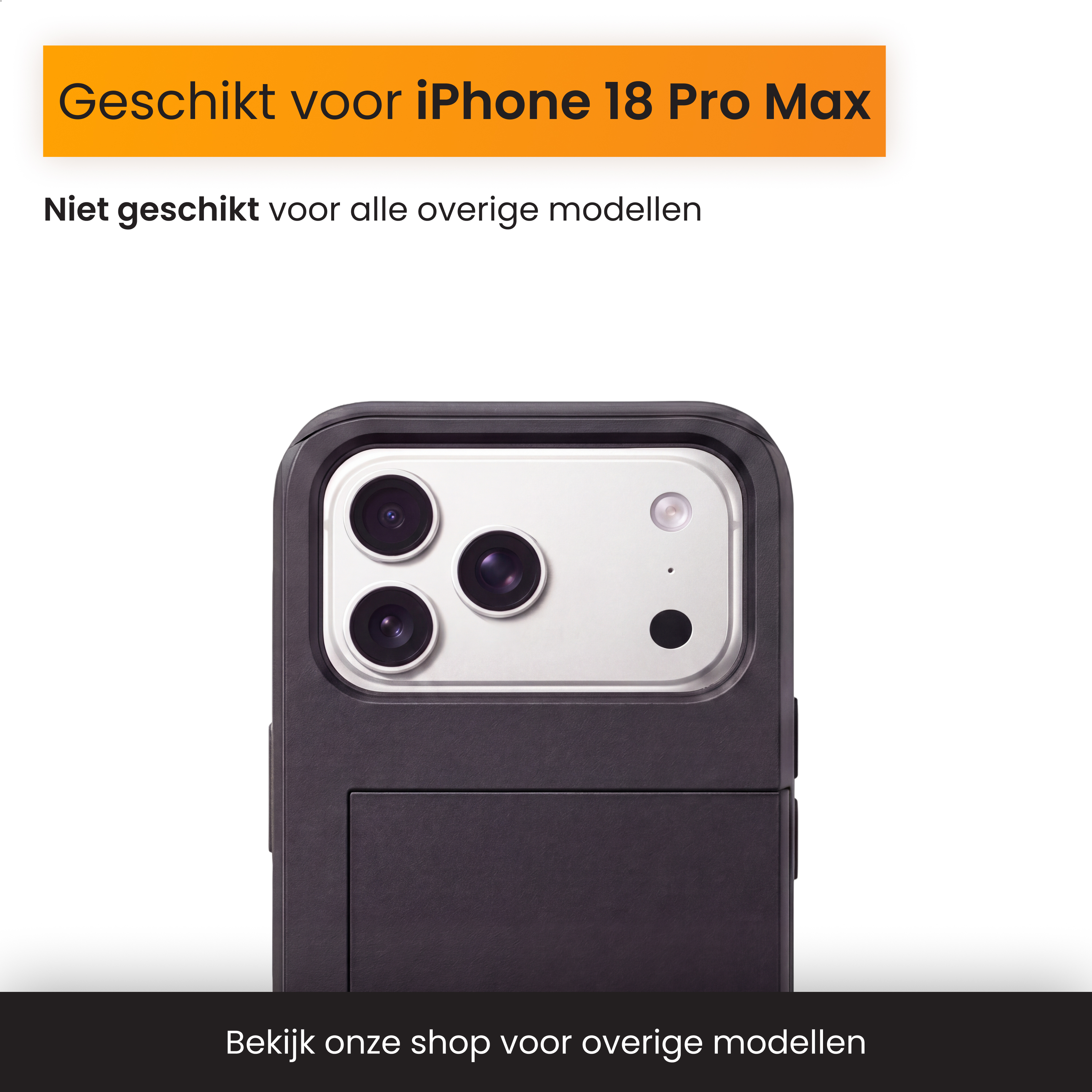 Schwarze Schutzhülle für iPhone 18 Pro Max mit Kameraaussparung und Text auf orange-schwarzem Hintergrund.