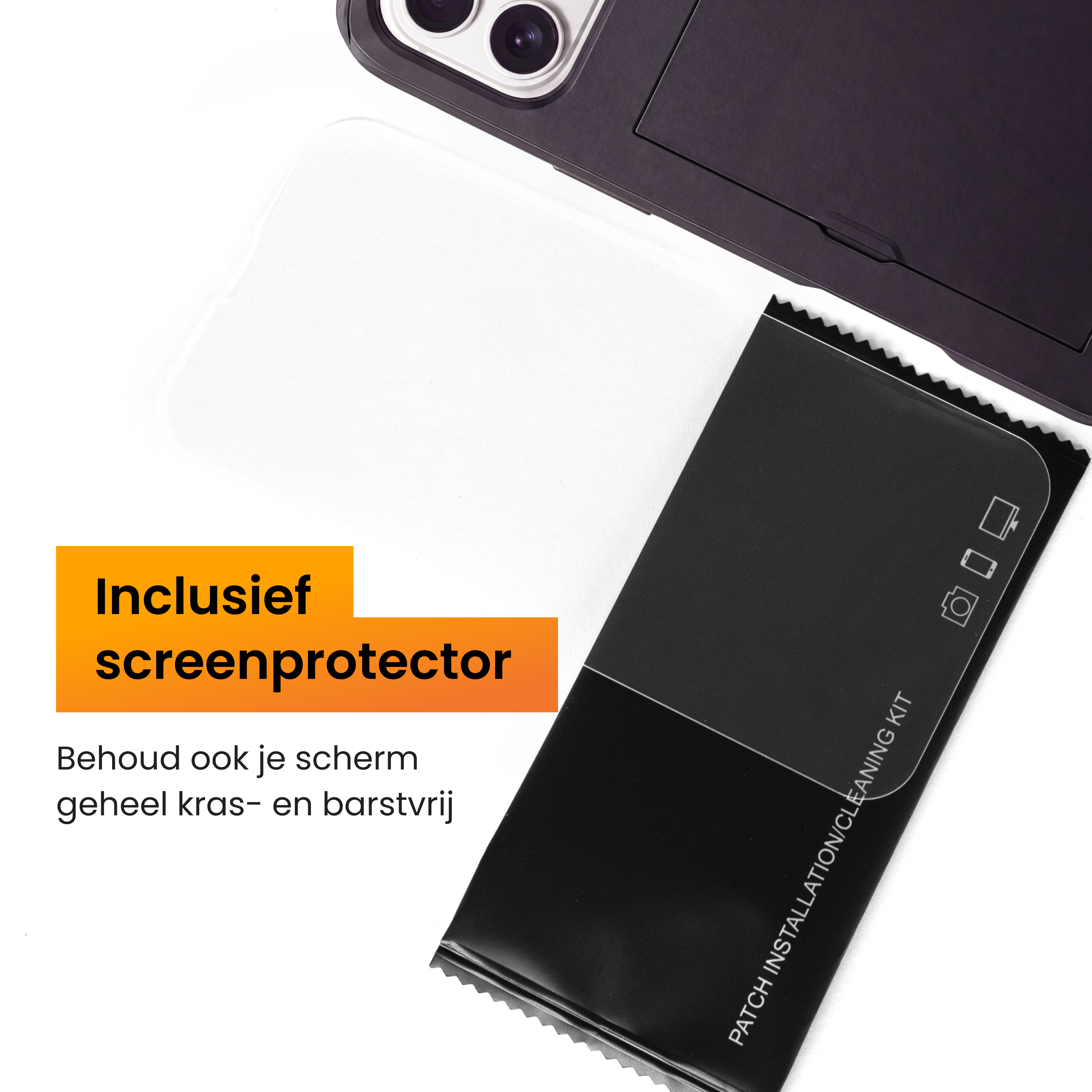 Eine Handytasche und ein Reinigungsset mit Displayschutzfolie, begleitet von niederländischem Text auf Weiß.