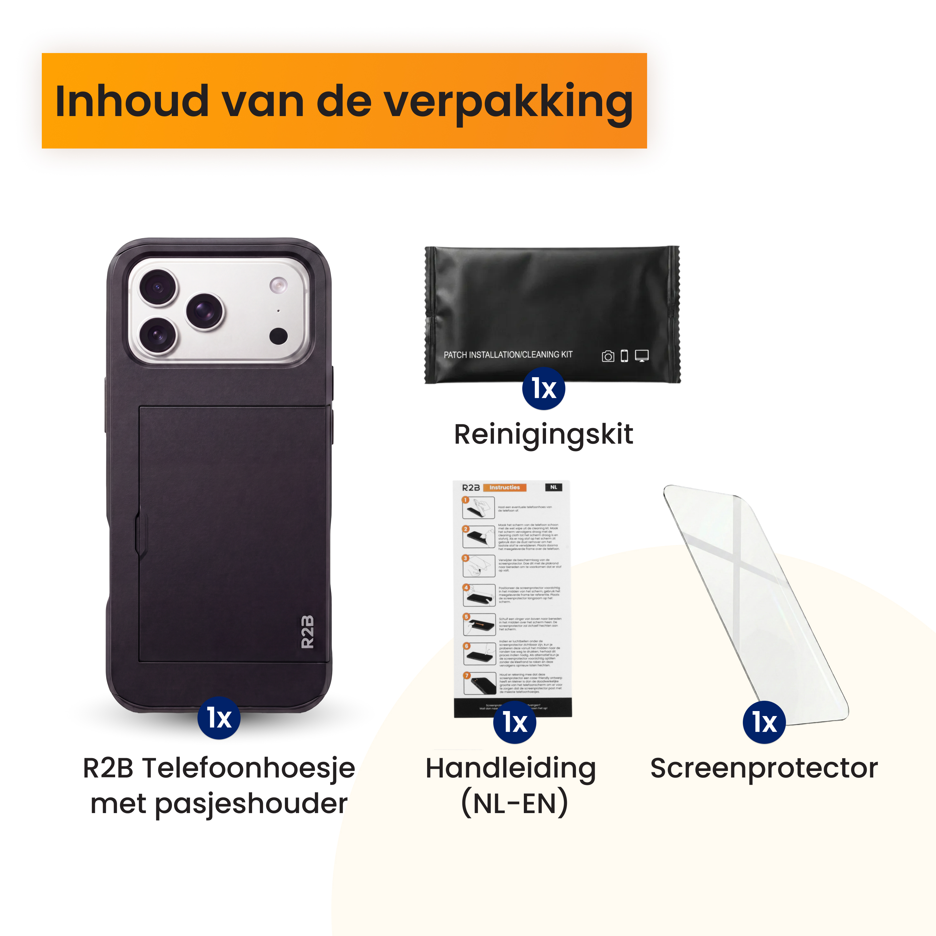 Verpackungsinhalt: schwarze Hülle, Reinigungskit, Anleitung und Displayschutzfolie.