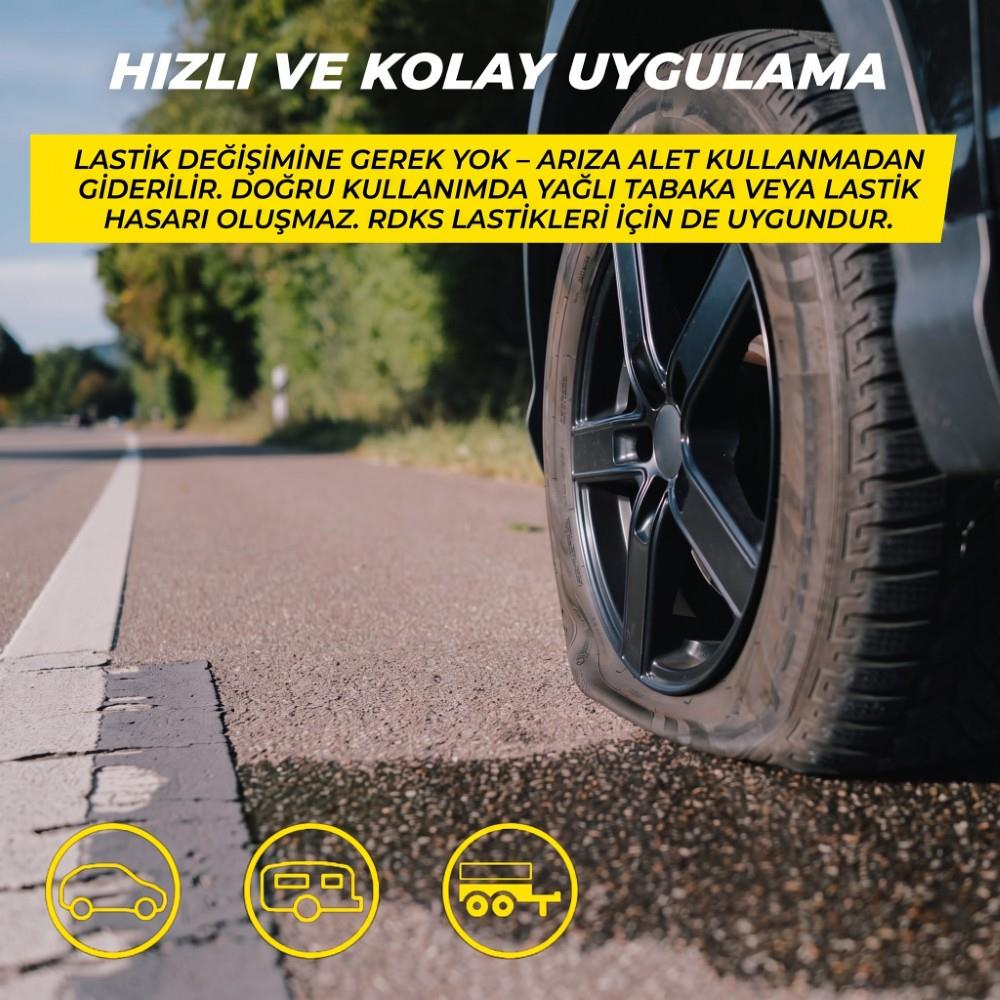 Asfalt yolda inik bir araba lastiği, üzerinde tanıtım yazısı ve araç ikonları.