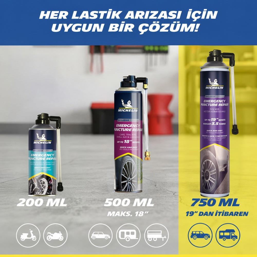 Atölye arka planında 200 ml, 500 ml ve 750 ml boyutlarında üç Michelin acil durum lastik tamir spreyi.