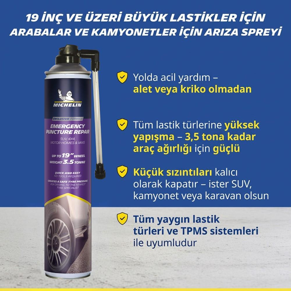 19 inç ve üzeri büyük lastikler için Michelin arıza spreyi, özellikler ve avantajlar Türkçe olarak listelenmiştir.