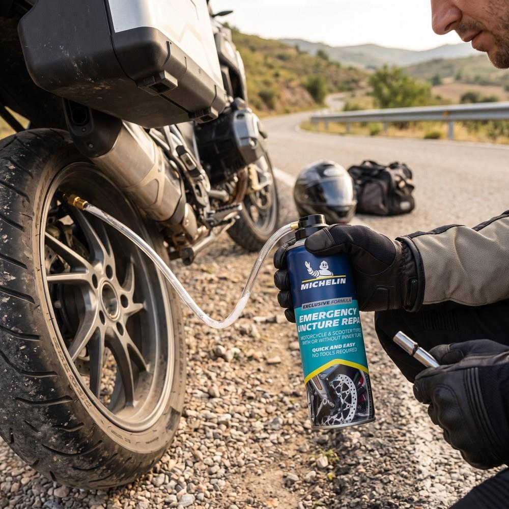 Bir motosiklet sürücüsü yol kenarında Michelin lastik tamir spreyi ile lastik tamir ediyor.