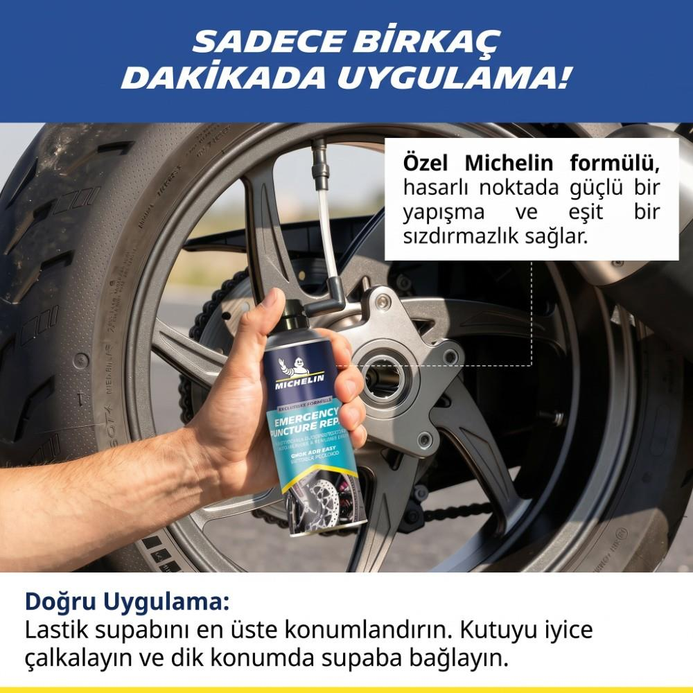 Bir el, Türkçe talimat metniyle motosiklet lastik supabına Michelin acil durum tamir spreyi uyguluyor.