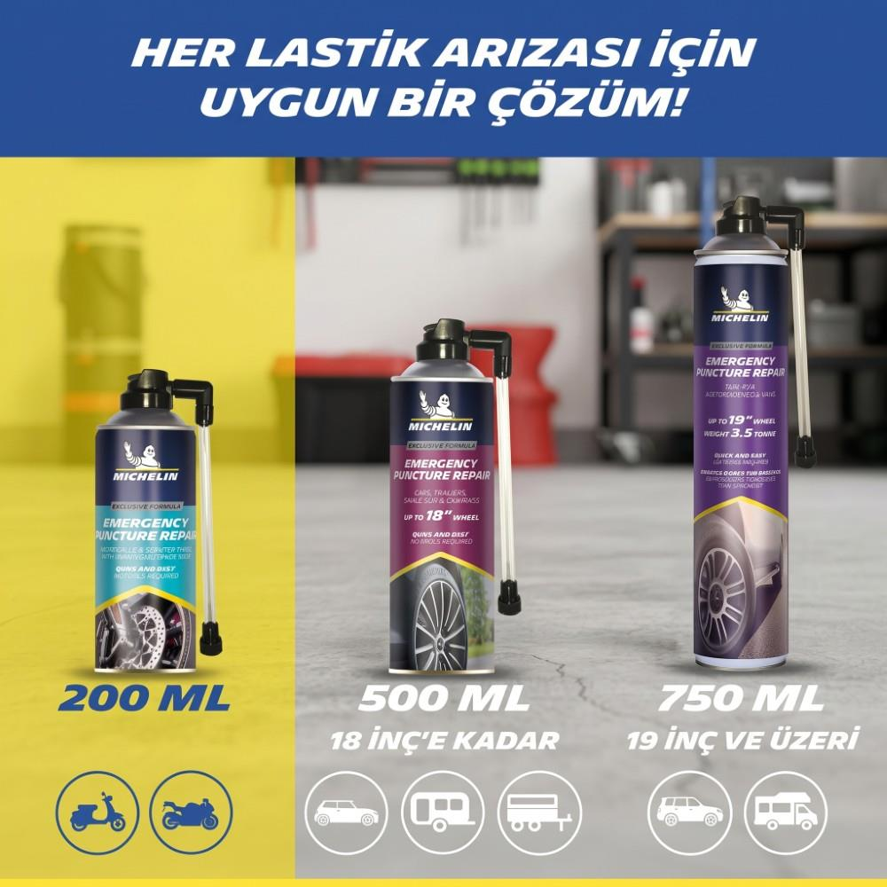 Atölye arka planında 200 ml, 500 ml ve 750 ml boyutlarında üç Michelin acil durum lastik tamir spreyi.