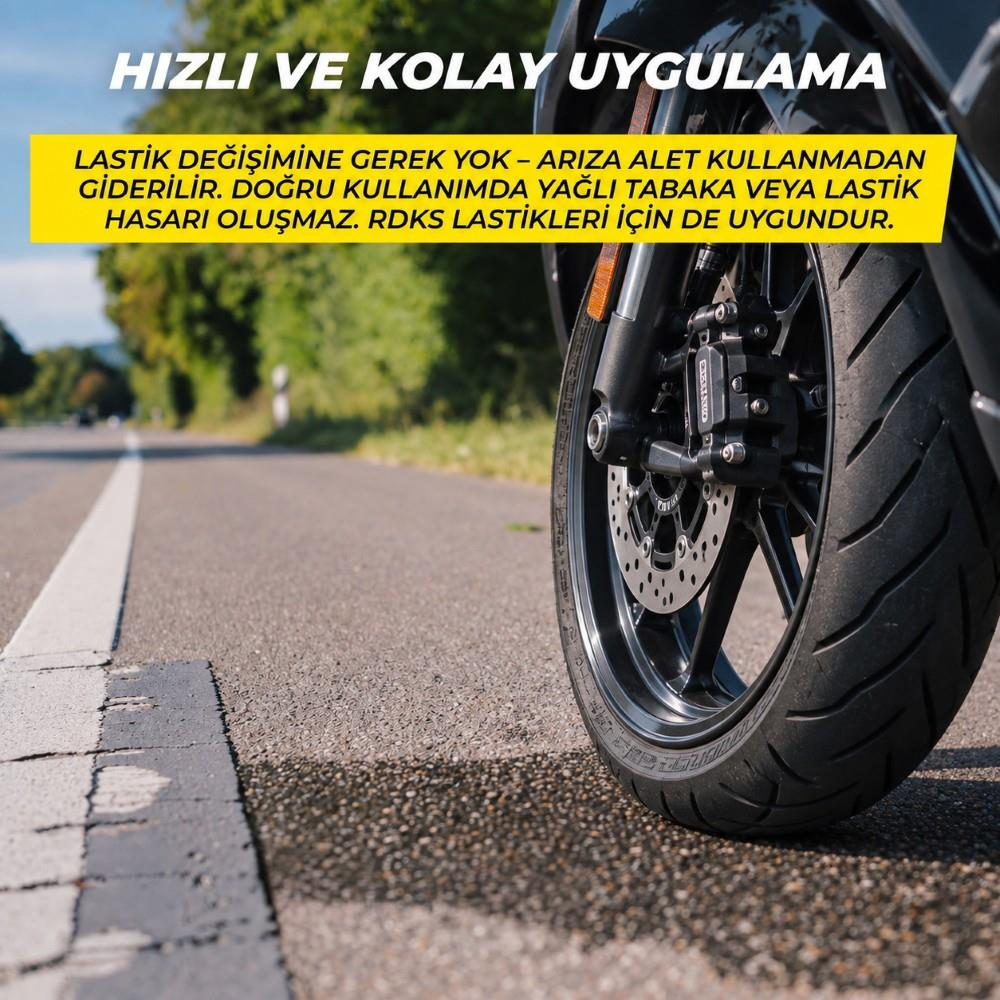 Asfalt yolda duran bir motosikletin ön tekerleğinin yakın plan görüntüsü ve üzerinde Türkçe reklam metni.