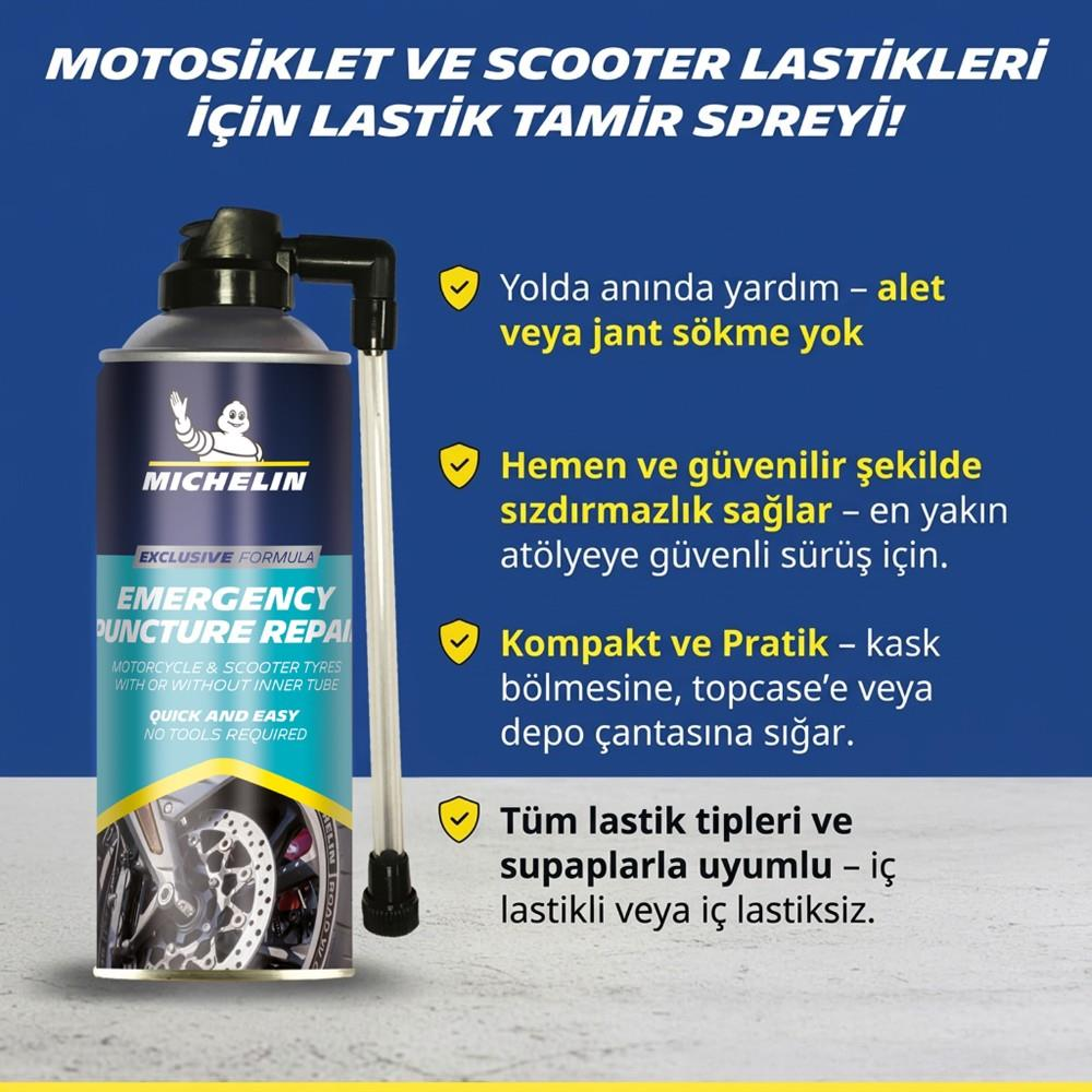 Mavi arka plan üzerinde motosiklet ve scooter için Michelin lastik tamir spreyi.