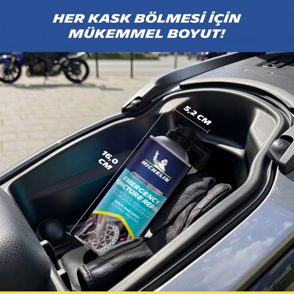 Scooter sele altı bagajında 16x5,2 cm ölçüleriyle Michelin lastik tamir spreyi.
