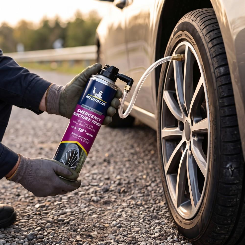 Eldivenli bir kişi, çakıl üzerindeki bir araba lastiğine Michelin acil durum tamir spreyi kullanıyor.