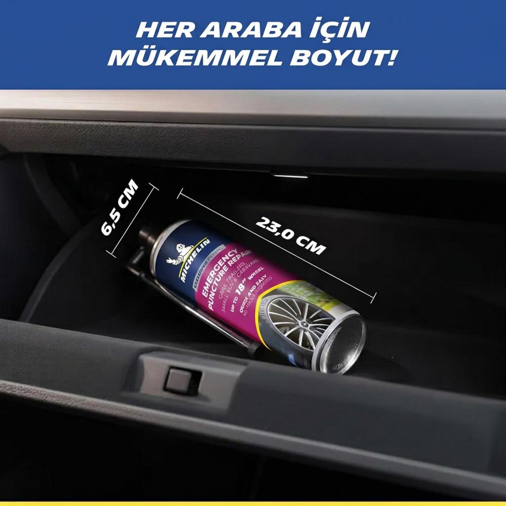 Bir otomobilin torpido gözünde 6,5 cm ve 23,0 cm ölçüleriyle duran Michelin lastik tamir spreyi.