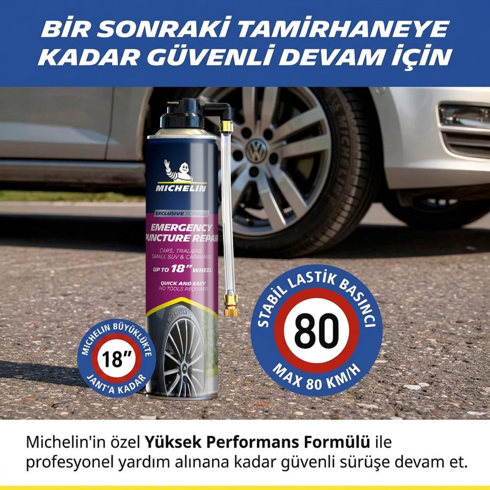Araba lastiği önünde Michelin acil durum tamir spreyi, 18 inç ve maks 80 km/s simgeleriyle.