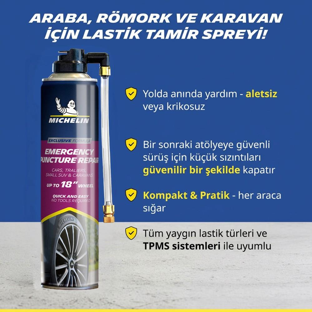 Mavi arka plan üzerinde şeffaf hortumlu ve tanıtım yazılı mavi Michelin acil lastik tamir spreyi kutusu.