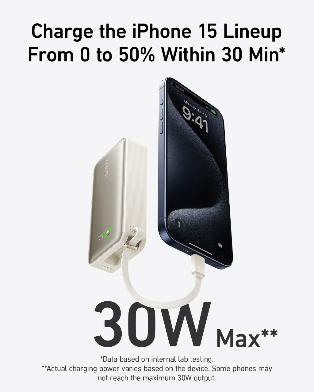 Anker Powerbank lädt ein iPhone mit Text zu schnellem Laden und 30W Max Ausgang.