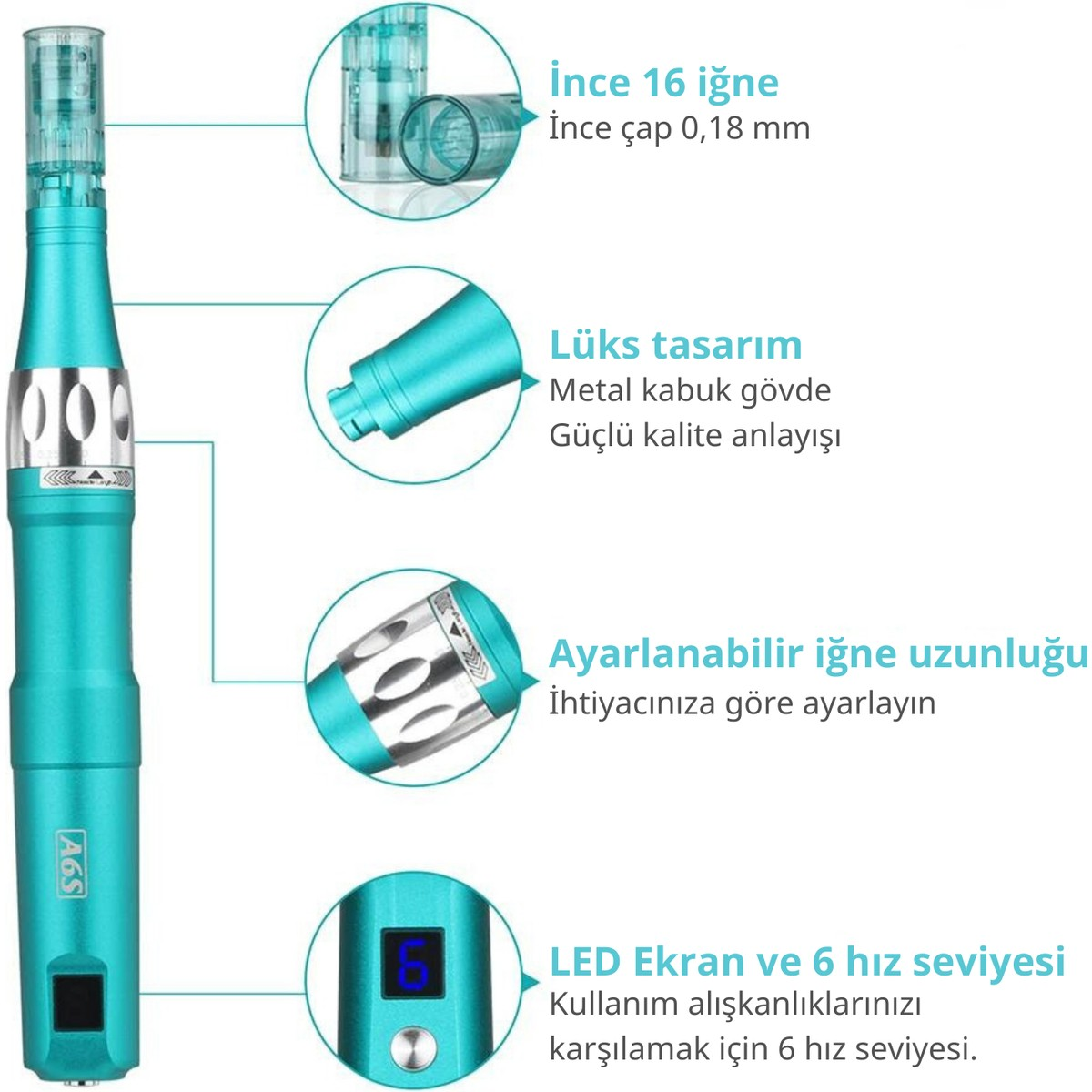 İnce iğneleri, metal gövdesi ve LED ekranı olan turkuaz renkli mikro iğneleme kalemi.