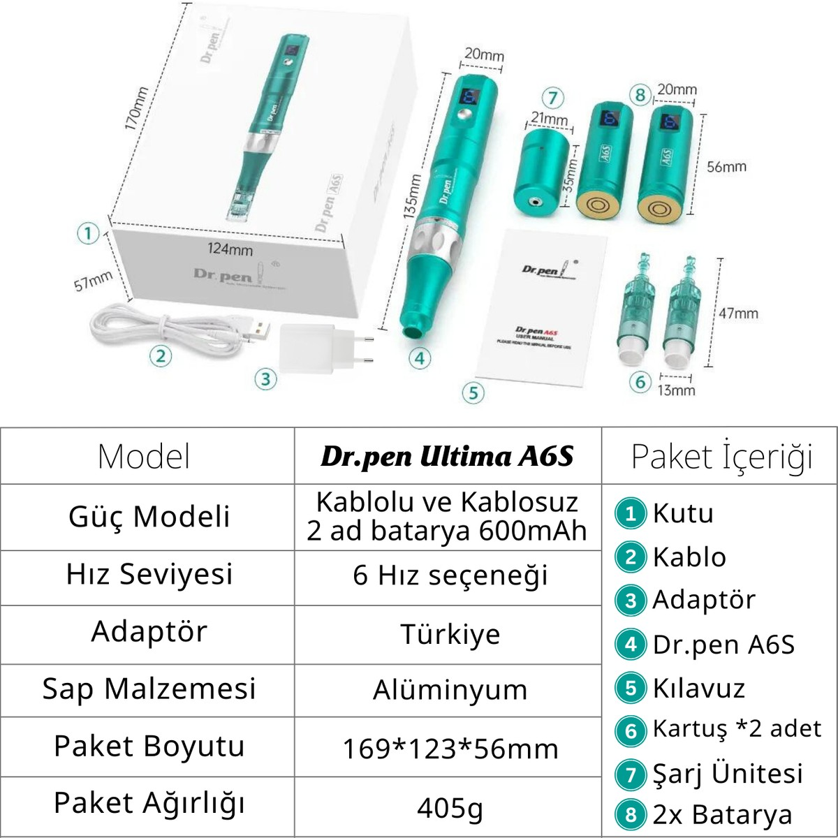 Dr. Pen Ultima A6S kalem, pil, kablo, adaptör ve teknik özellikli kılavuz seti.