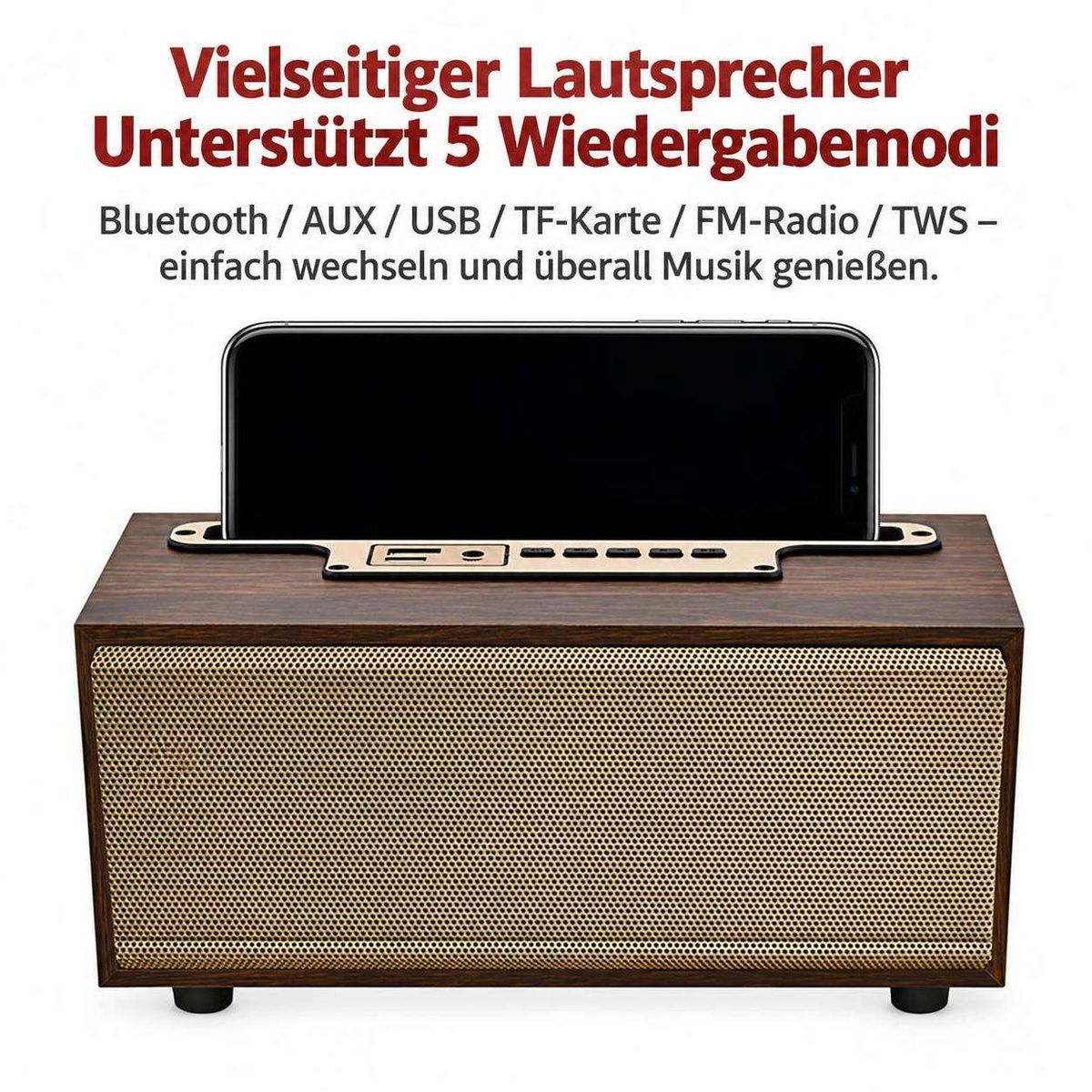 Ein hölzerner Bluetooth-Lautsprecher mit einem Telefon oben und deutschem Text.