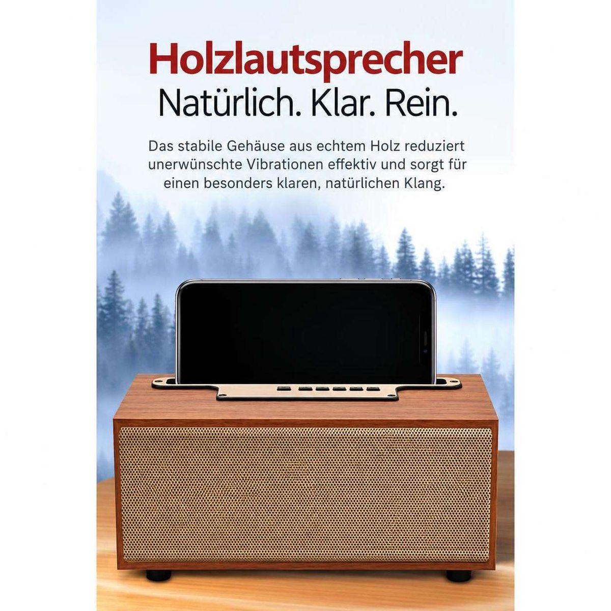 Holz-Smartphone-Lautsprecher vor verschwommenem Waldhintergrund mit Werbetext.
