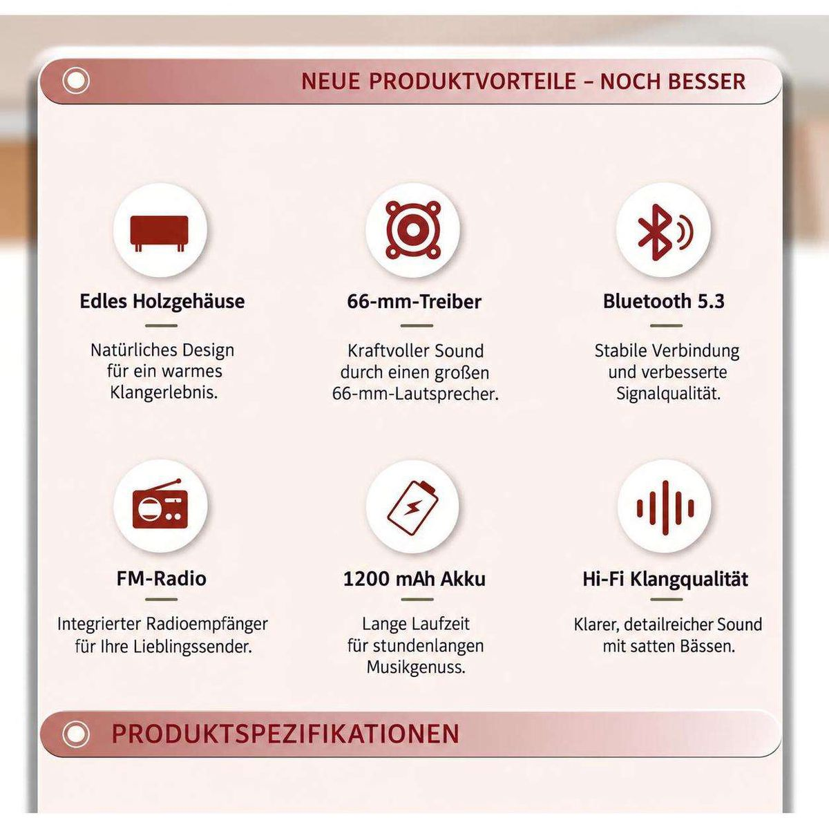 Infografik mit den Produktvorteilen eines Audiogeräts, darunter Holzgehäuse, Treiber, Bluetooth, UKW-Radio und Akku.
