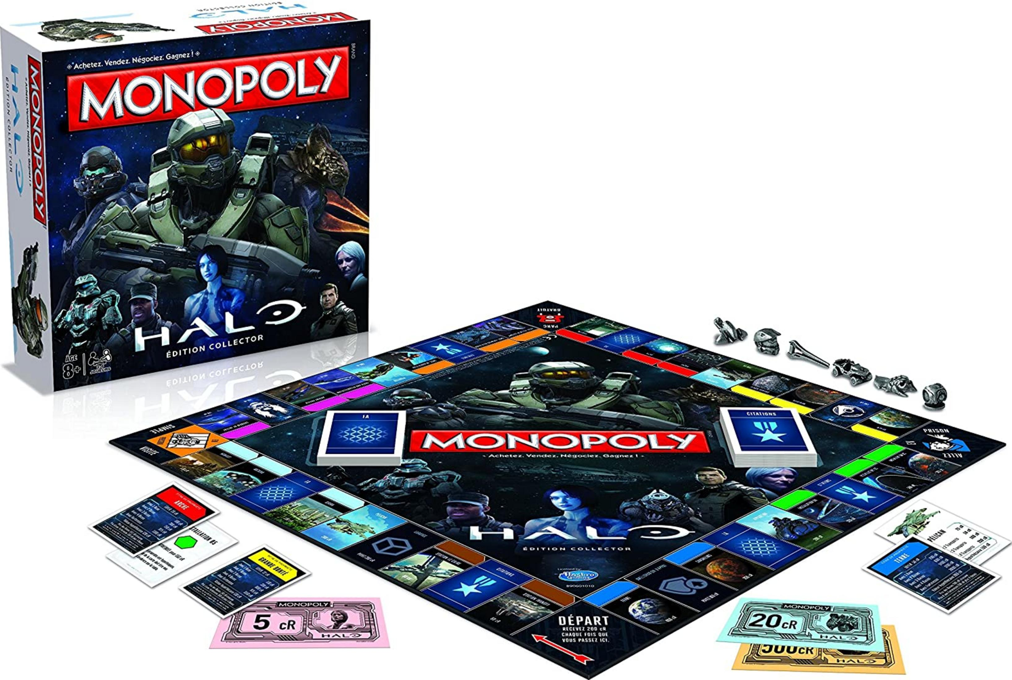 Halo Collector's Edition Monopoly Brettspiel mit Schachtel, Karten, Spielfiguren und Geld.
