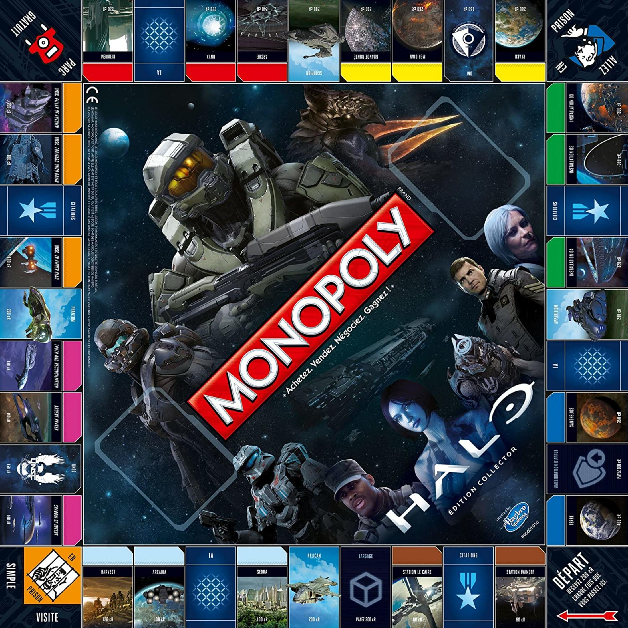 Ein Halo Monopoly-Spielbrett mit Charakteren und Schauplätzen aus der Videoserie in der Mitte.