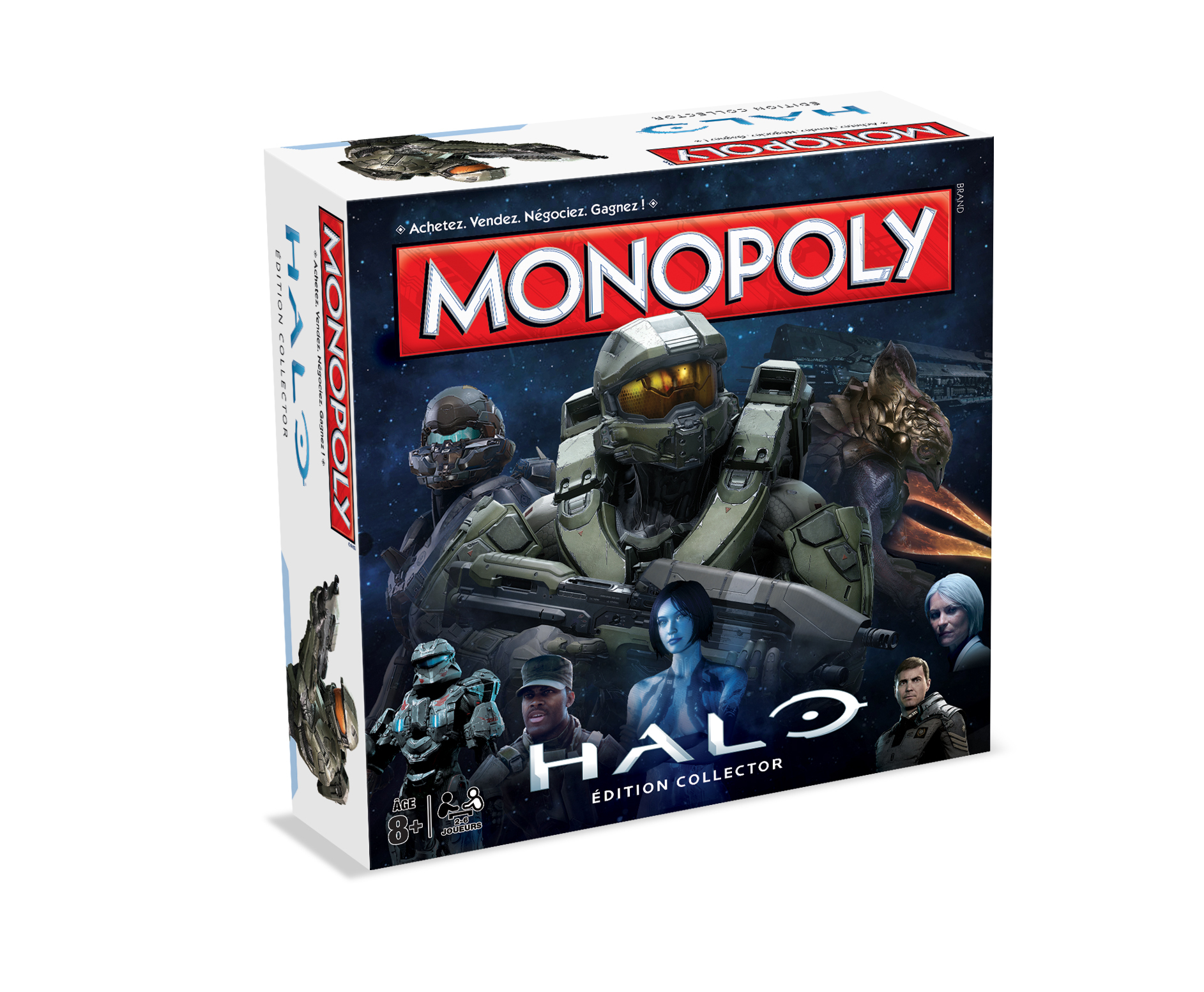 Sammelbox des Halo Monopoly-Spiels mit Master Chief und anderen Charakteren.