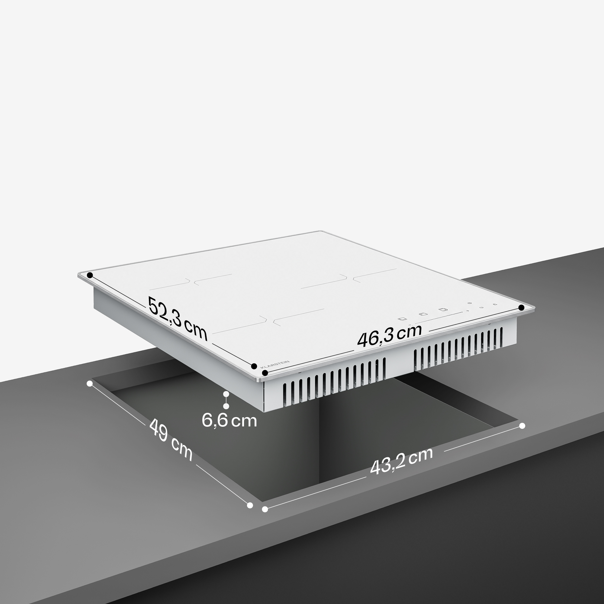 Diagramm zeigt die Maße eines weißen Kochfelds und den passenden Ausschnitt in einer Arbeitsplatte.