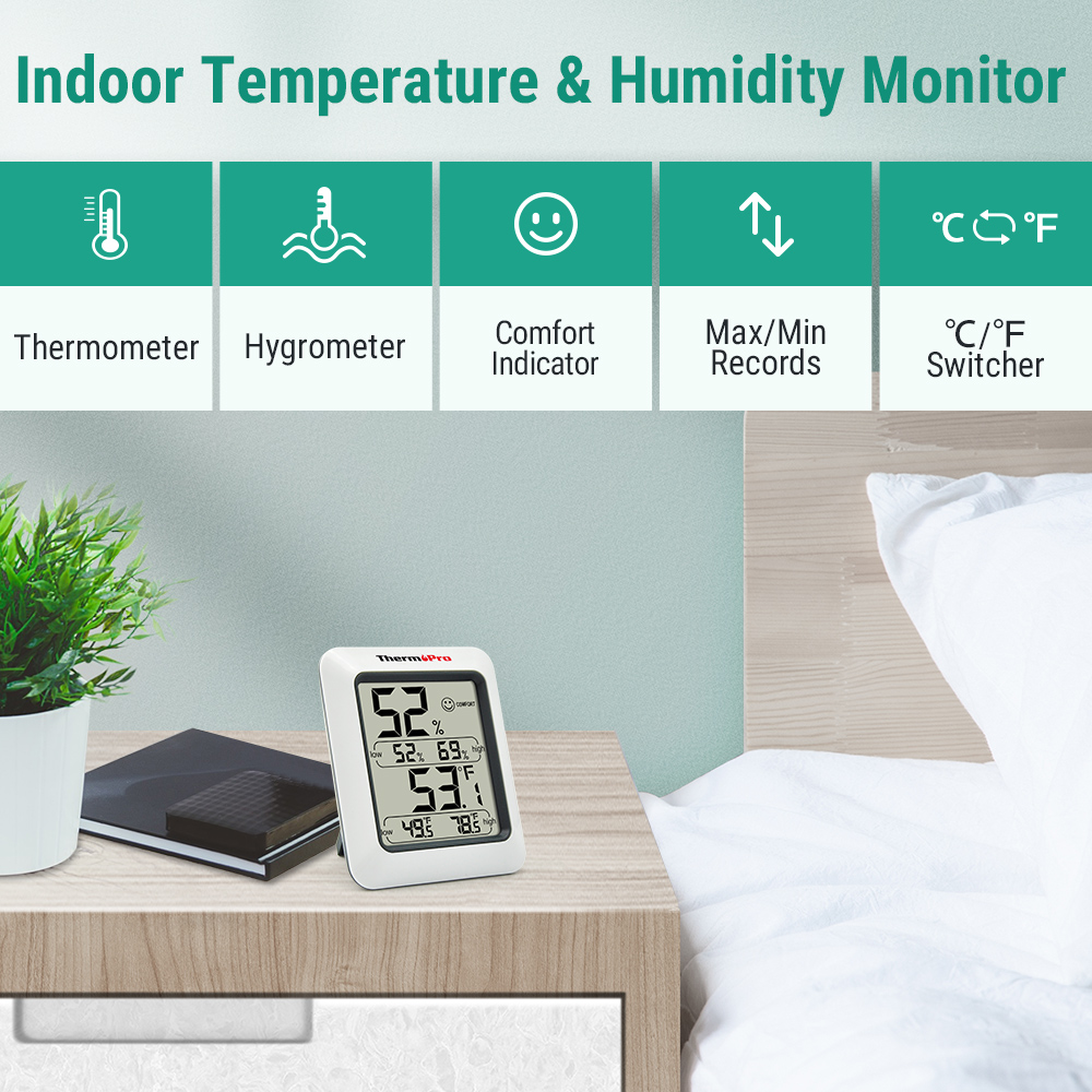 Ein ThermoPro-Monitor auf einem Nachttisch mit fünf Symbolen oben für Funktionen wie Thermometer und Hygrometer.