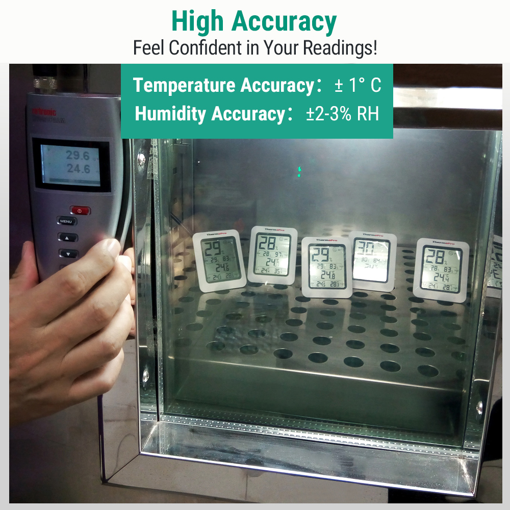 Verschiedene digitale Hygrometer in einer Testkammer zur Messung von Temperatur und Luftfeuchtigkeit.